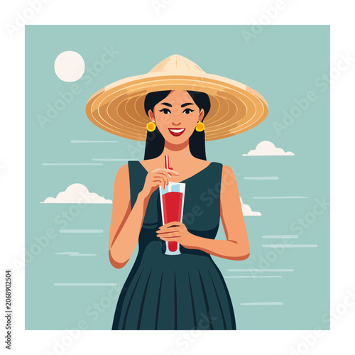 Woman in straw hat holding a drink, flat illustration