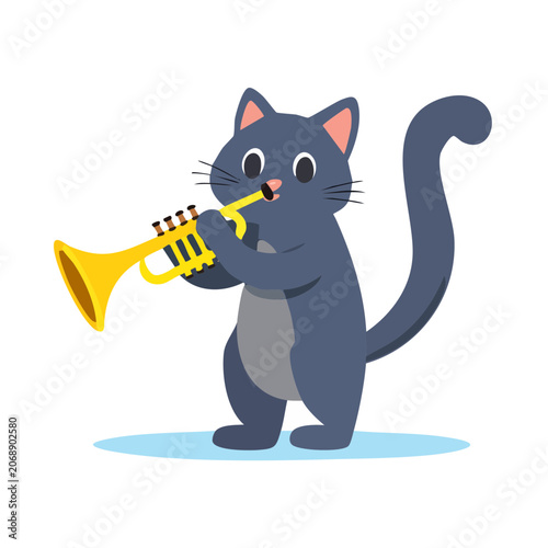 Cartoon cat playing a yellow trumpet