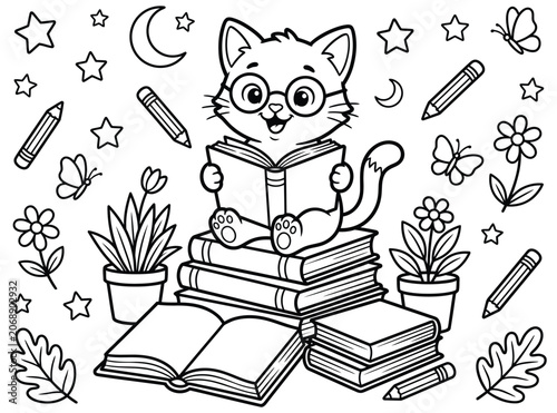 Cute cartoon cat wearing glasses reading book sitting on stack of books coloring page vector illustration.