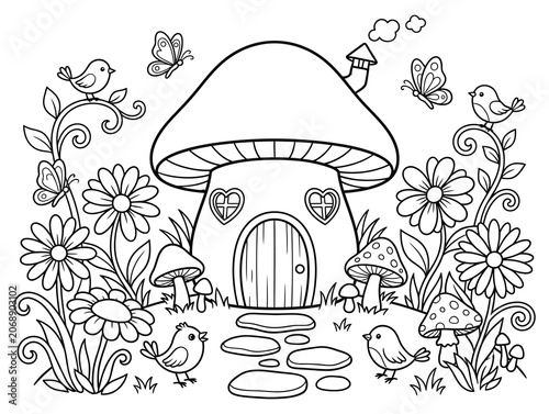 Cute mushroom house coloring page for kids with flowers butterflies and birds line art illustration, mushroom.