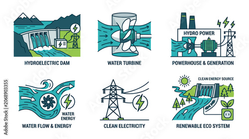 Obraz na plátně Renewable Energy Icons: Hydroelectric Power, Water Turbine, Clean Electricity
