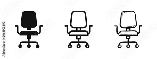 Fényképezés Office chair icons in three distinct styles: solid, outline, and sketch