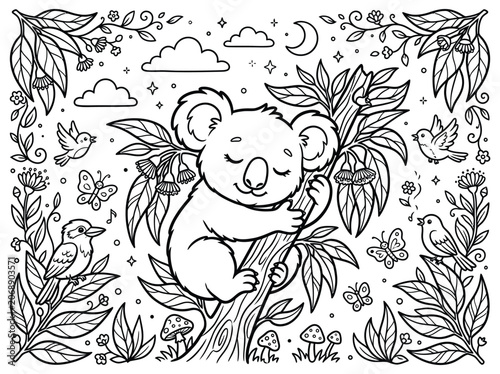 Cute sleeping koala on eucalyptus tree branch coloring page for kids with sleeping eucalyptus wildlife coloring.