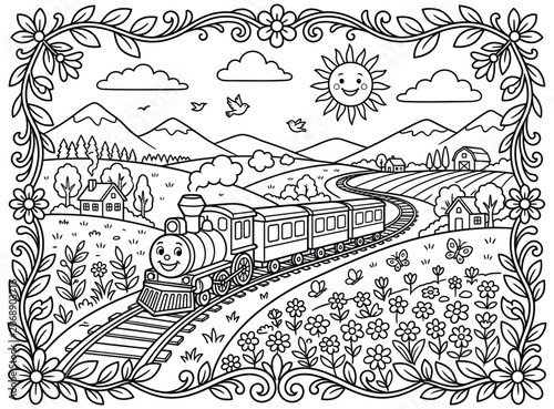 Steam train locomotive traveling through countryside landscape coloring page with locomotive landscape mountains.