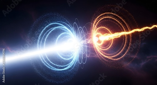 Energy beams colliding in space with glowing particles