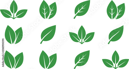Green Leaf Icon Set Featuring Minimalist Eco Friendly Botanical Elements Organic Foliage Silhouettes and Nature Plant Growth Vector Designs