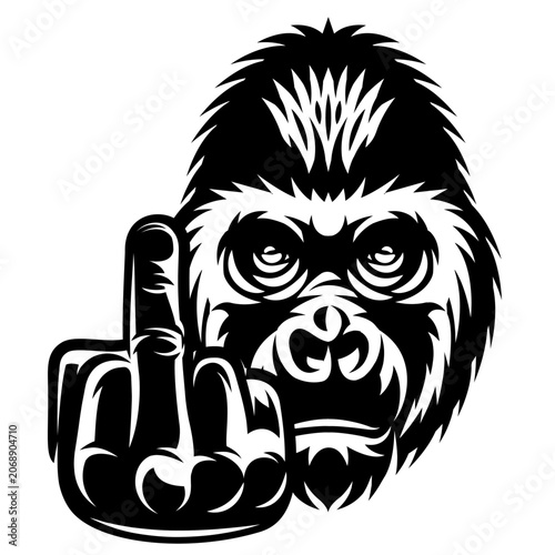 Black and white aggressive gorilla head with a raised middle finger in a bold, graphic, and stylized design.