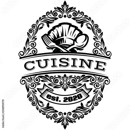 Elegant oval culinary logo with chef hat, fork, spoon, and CUISINE est 2020 text in a decorative, vintage-inspired design.