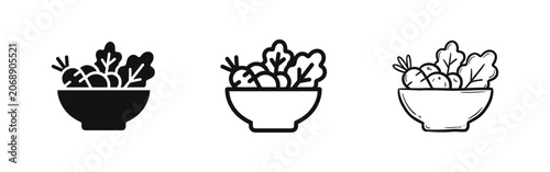 Принти на полотні Set of vegetable salad bowl icons in solid, linear, and hand-drawn doodle styles