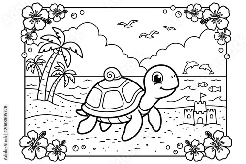 Cute sea turtle walking on tropical beach with sandcastle coloring page vector illustration tropical sandcastle.