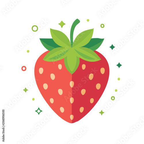 Flat illustration of a strawberry with green leaves