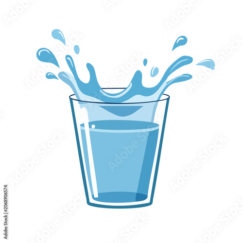 Glass of water with splash, flat vector illustration