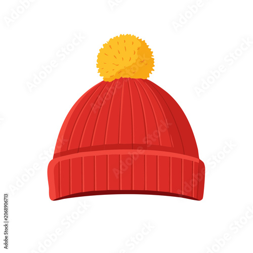 Red winter beanie with yellow pom pom