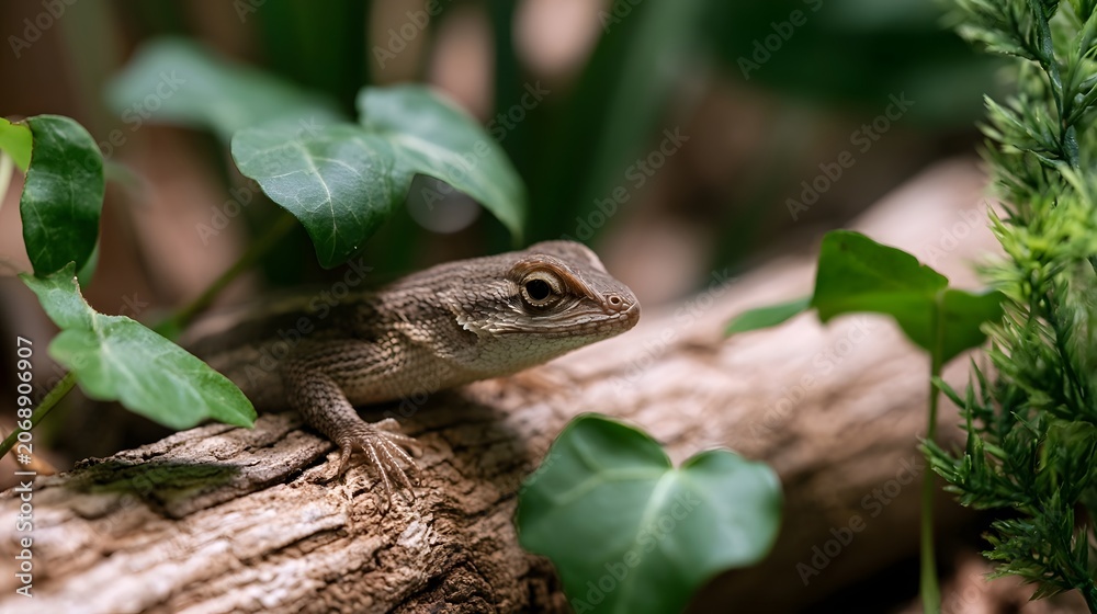 Fototapeta premium A joyful and cuddly lizard rests peacefully on a log surrounded by lush plants in a cozy home setting