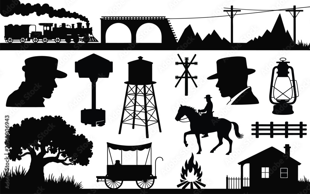 Obraz premium Vintage western and railroad silhouette elements collection with steam engine water tower horse rider cowboy hat old west black and white railroad silhouette campfire transport illustration