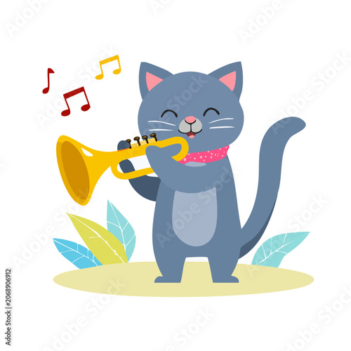 Cartoon cat playing a yellow trumpet