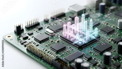 Macro photo of a glowing miniature holographic smart city resting on a computer motherboard.