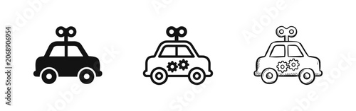 Bild auf Leinwand Set of three wind-up car toy icons: solid black, outline, and sketch