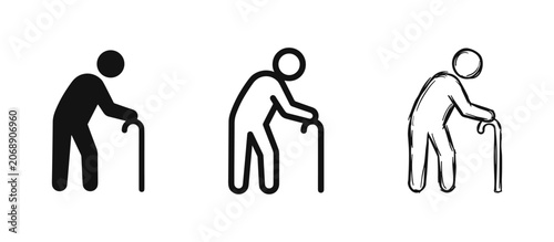 Schilderij op canvas Set of three elderly person with cane icons: solid black, outline, and sketch
