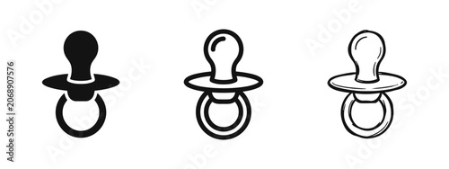 Quadro su tela Set of baby pacifier icons in three styles, flat, outline and hand-drawn