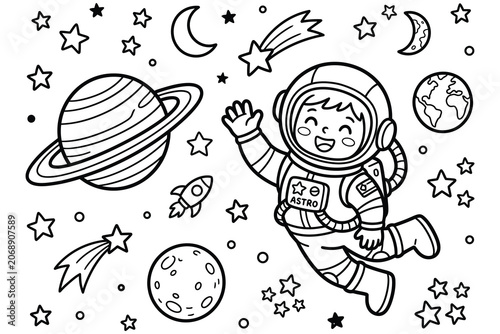 Astronaut floating in outer space with planets stars and comets coloring page astronaut coloring astronomy.