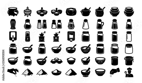 Tableau sur toile Professional Salt Cellar and Seasoning Bottle Black Silhouette Vector Icon Set