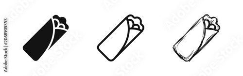 Bilde på lerret Set of three icons: burrito in solid, outline, and sketch styles.