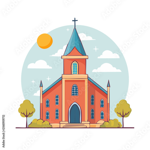 Flat illustration of a church with steeple and trees