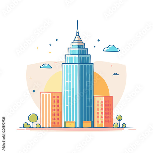 Flat illustration of a modern skyscraper and cityscape