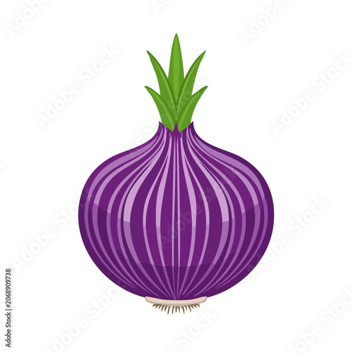 Flat illustration of a red onion with green leaves