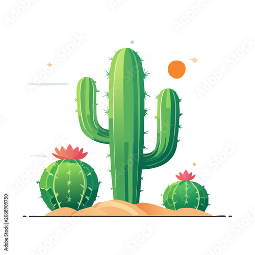 Flat illustration of desert cacti with flowers