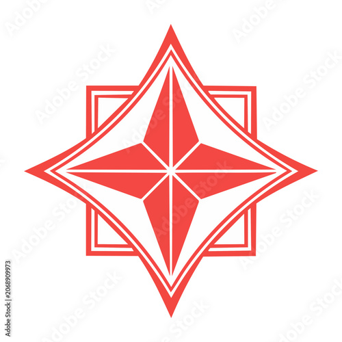 Red compass rose symbol on white background