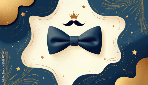 Elegant father day illustration features dark blue bow tie crown and mustache. Festive banner design with golden stars and wavy shapes celebrating fatherhood and paternal love.