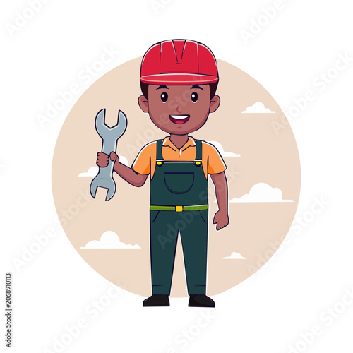 Cartoon construction worker holding a wrench