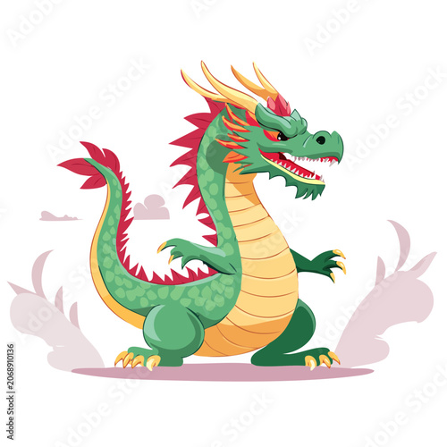 Cartoon green dragon with red and yellow accents