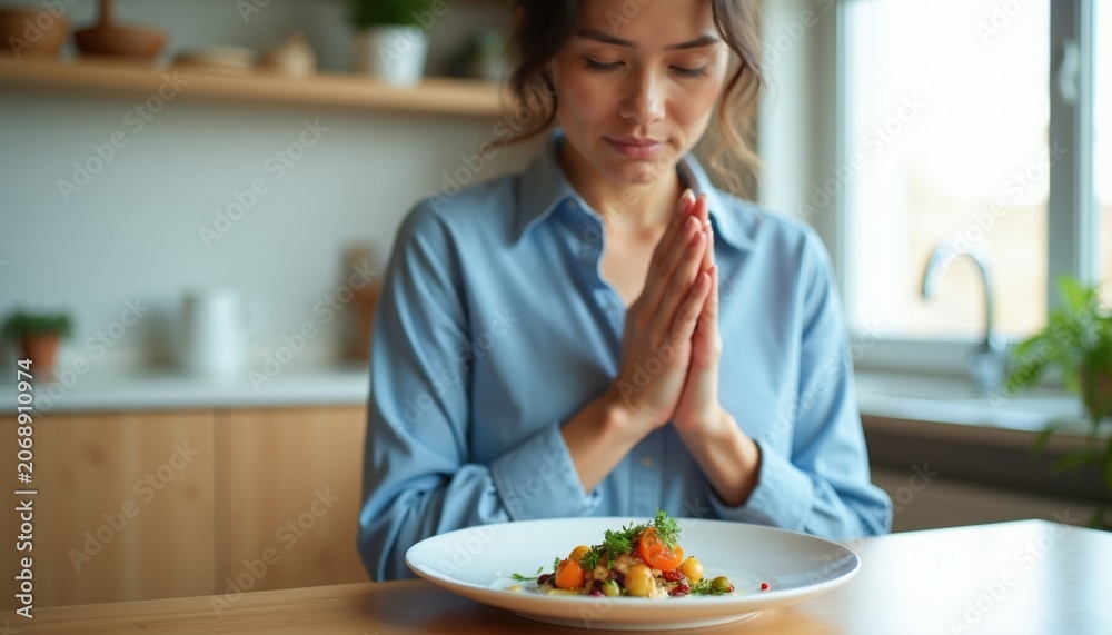 Naklejka premium Woman joins hands, practices mindful eating of small, healthy portion of gourmet food. Focuses on conscious dining, gratitude for meal, weight management, and satiety.
