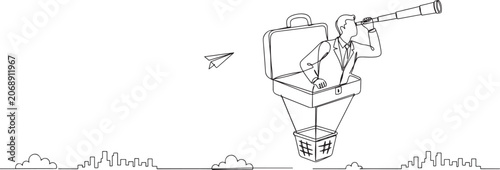Foto Single continuous line drawing businessman looking through telescope in hot air balloon briefcase