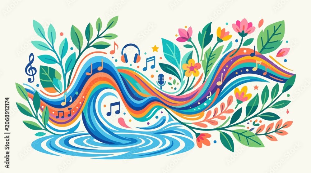 Obraz premium A serene flat design abstract illustration where vibrant sound waves gracefully merge with stylized natural elements, symbolizing the harmony of music and nature in summer.
