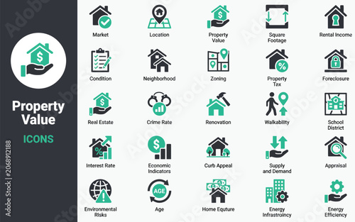 Property value icons set in flat design style