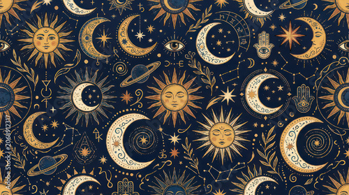 Celestial Sun Moon Stars and Planets Pattern.