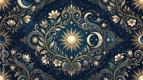 Celestial Sun Moon Stars Floral Ornate Pattern.