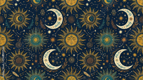 Celestial Sun Moon Stars Pattern.