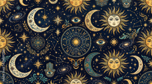 Celestial Sun Moon Stars Zodiac Constellations Mystical Pattern.