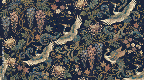 Elegant Cranes Flying Amidst Floral Patterns.
