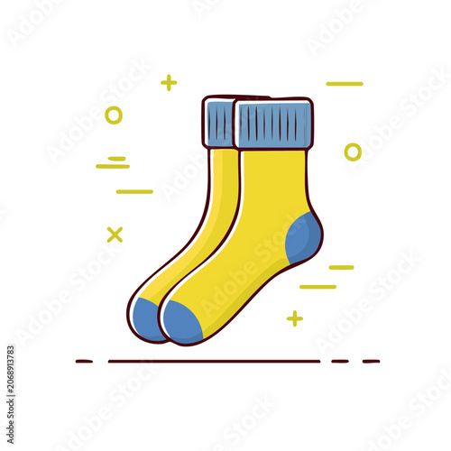 Yellow sock with blue cuff and toe flat vector illustration