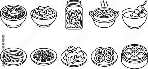 Valokuva Minimalist Korean and Asian Food Line Art Icon Set Featuring Various Delicious T