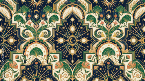 Intricate Art Deco Celestial Pattern with Sun Moon Stars.