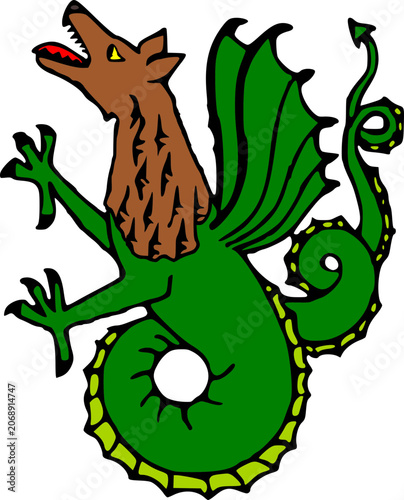 Heraldic wyvern or dragon creature with wolf head and green body