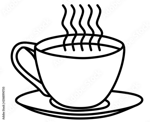 Black and white line art illustration of a steaming cup of coffee or tea