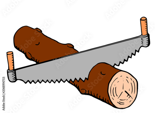 Illustration of a twoman crosscut saw cutting through a wooden log
